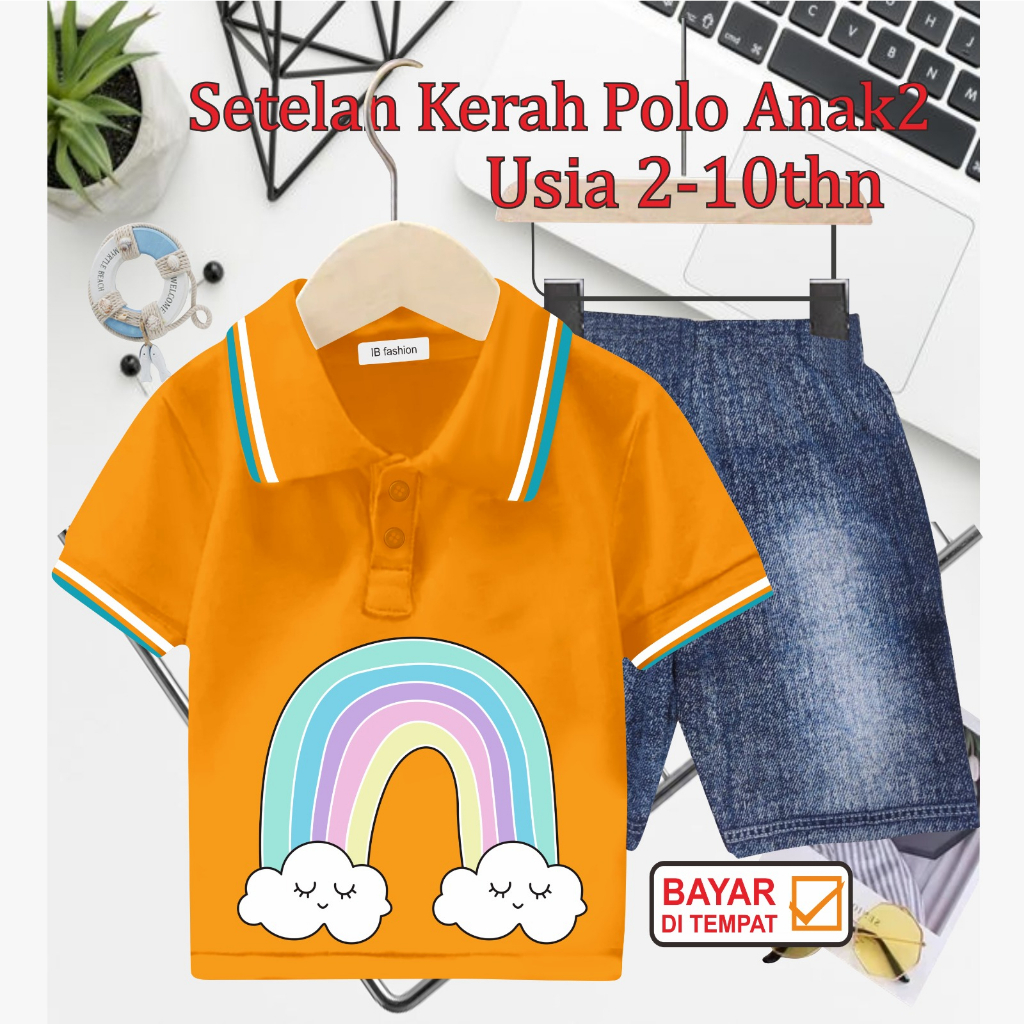 ((IB))SETELAN ANAK2 KERAH POLO SEMI JEANS/RAINBOW DIGITAL SABLON