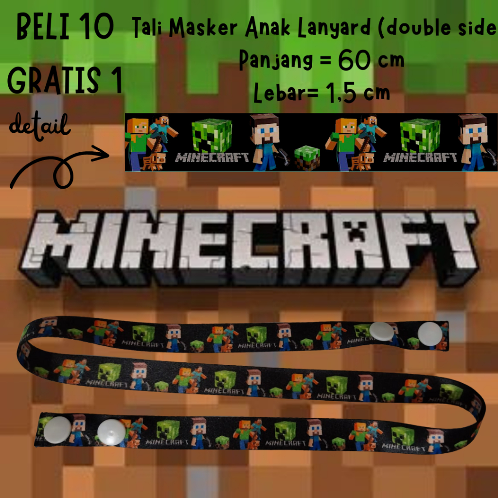 Tali Masker Anak Lanyard Gambar Bolak Balik Karakter Minecraft