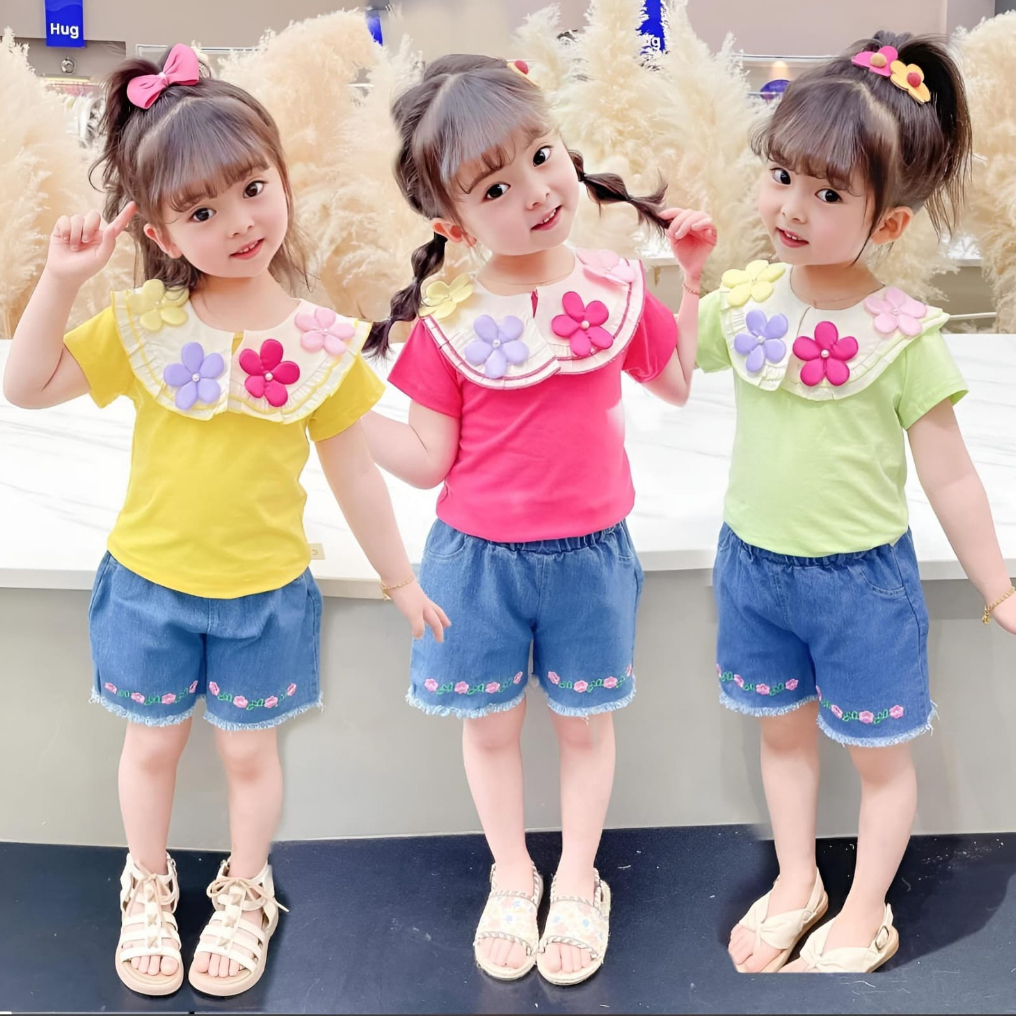 Setelan Import Baju & Celana Anak Perempuan Usia 1-4 Tahun | Onset Baju Kaos Kerah Bunga& Elana Jean