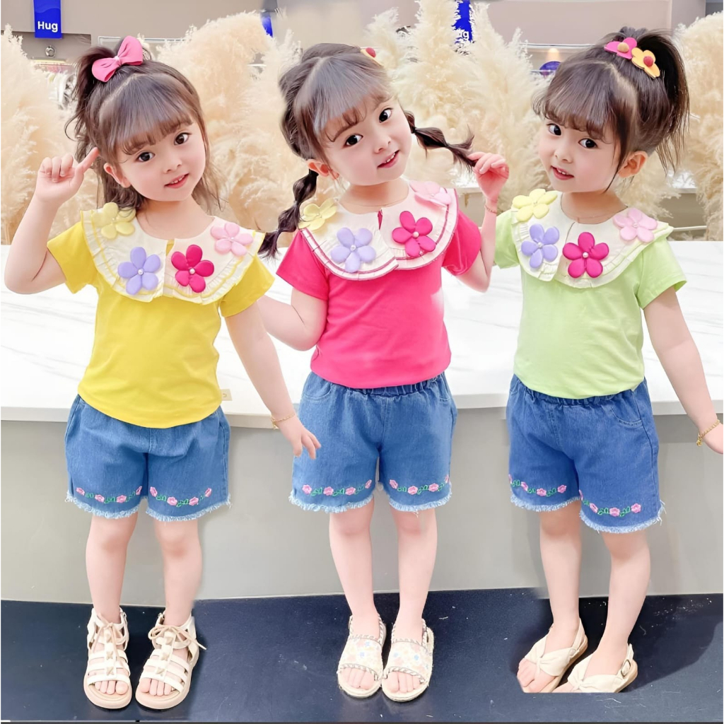 Setelan Import Baju & Celana Anak Perempuan Usia 1-4 Tahun | Onset Baju Kaos Kerah Bunga& Elana Jean