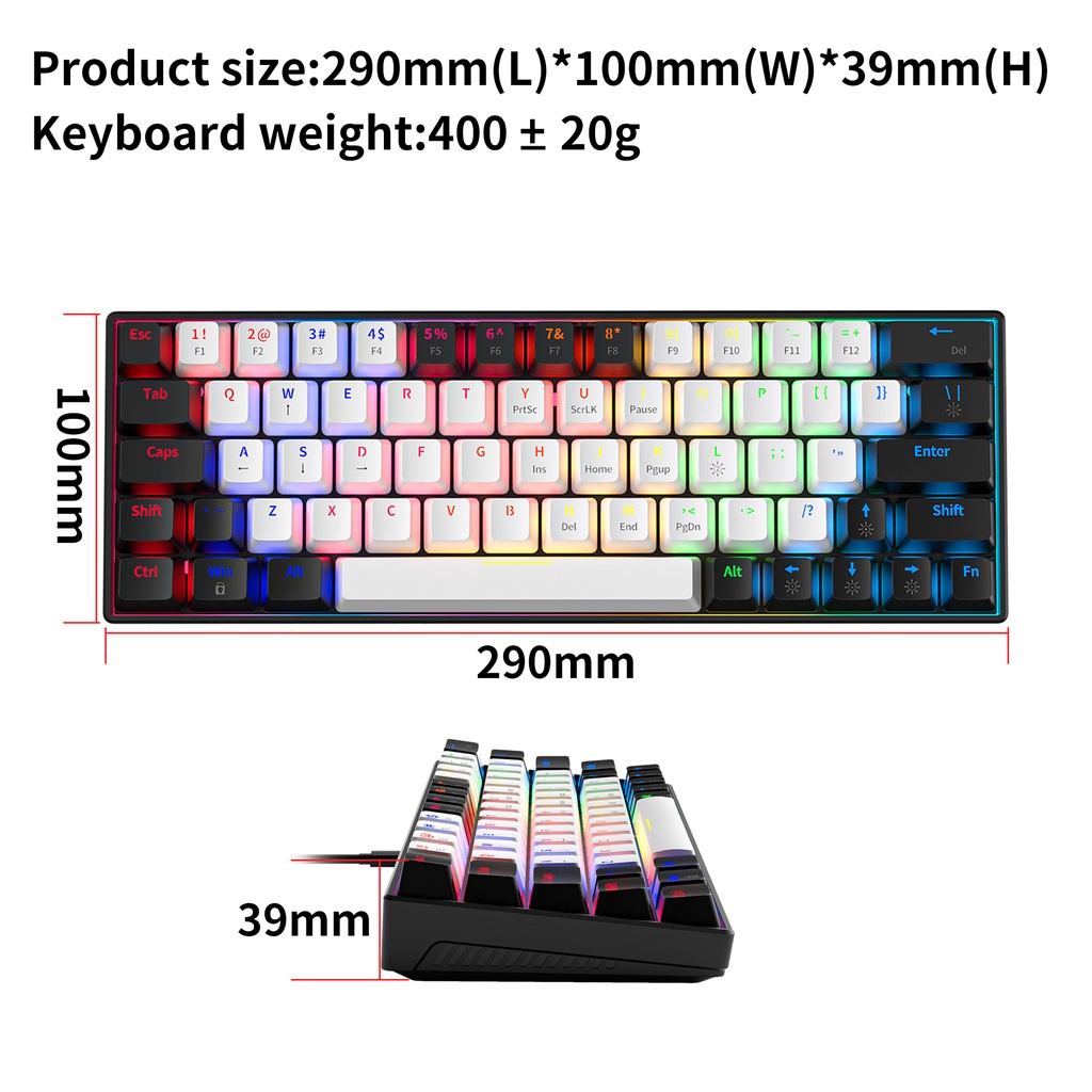 ZIFRIEND 63 Keys Mechanical Keyboard Rainbow Backlit Hot Swappable Blue Red Switch Gaming Keyboard