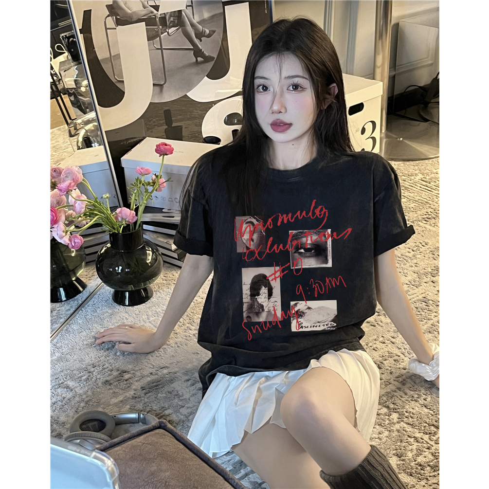 XIAOZHAINV Korean Style Red Letters Pattern Washed Printing Kaos Wanita A0542/Atasan Wanita Terbaru