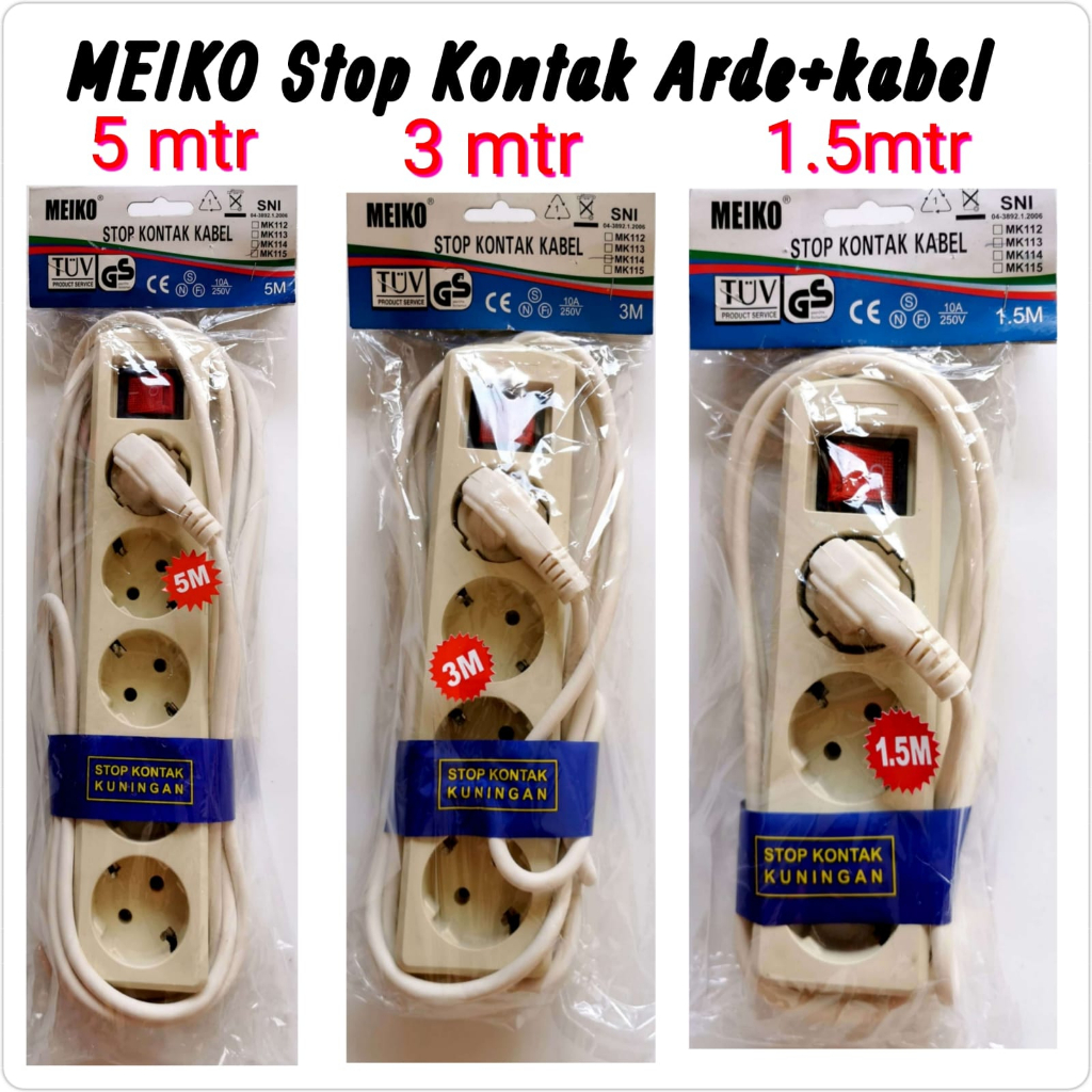 Meiko Stop Kontak Arde + Kabel 1.5m 3m 5m