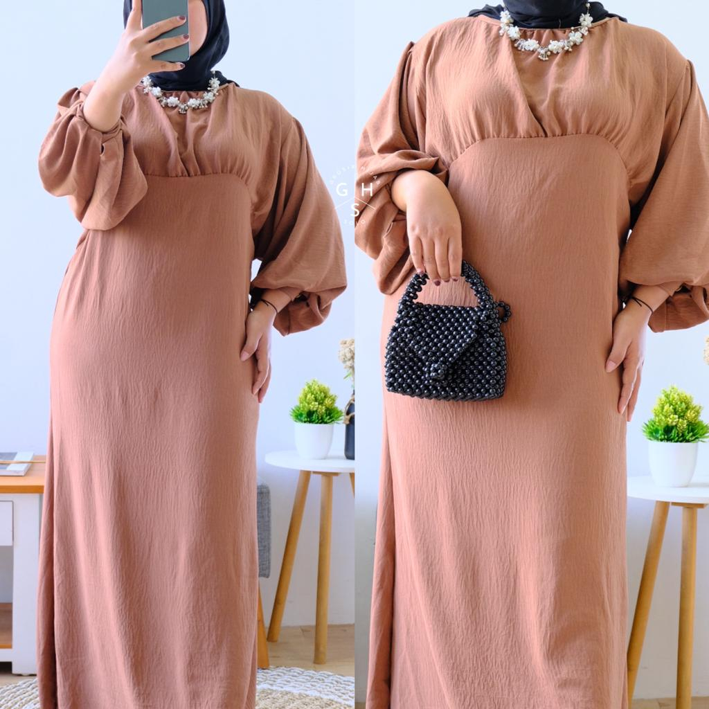 ARABIA GAMIS MAXI LENGAN BALON ATASAN WANITA DRESS CRINCLE AROFLOW PREMIUM (RPA)