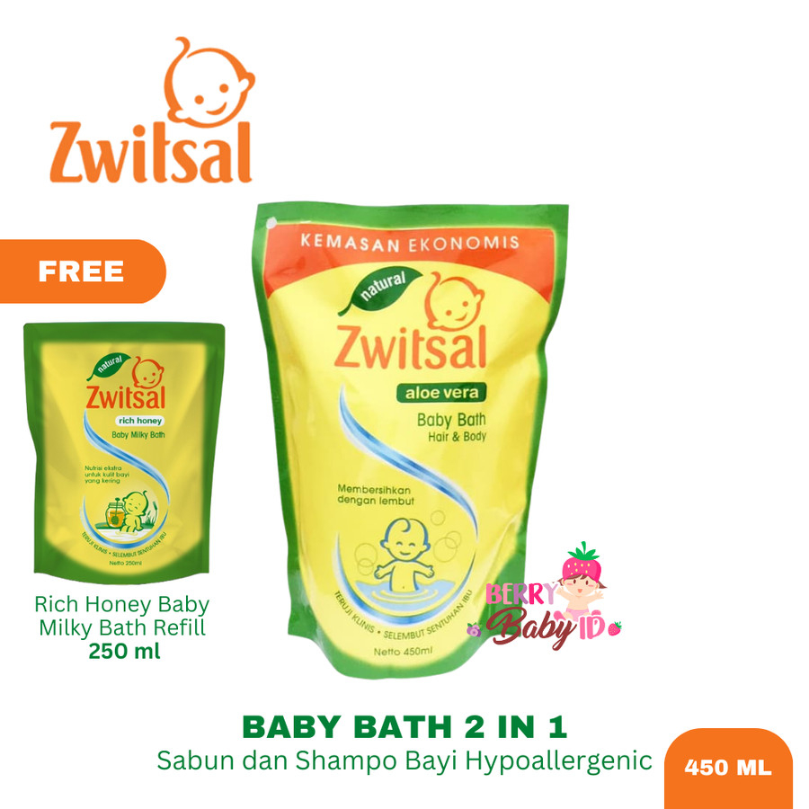 Zwitsal Natural Baby Bath 2in1 Hair &amp; Body Sabun Shampo Bayi Refill Pack 450 ml Berry Mart