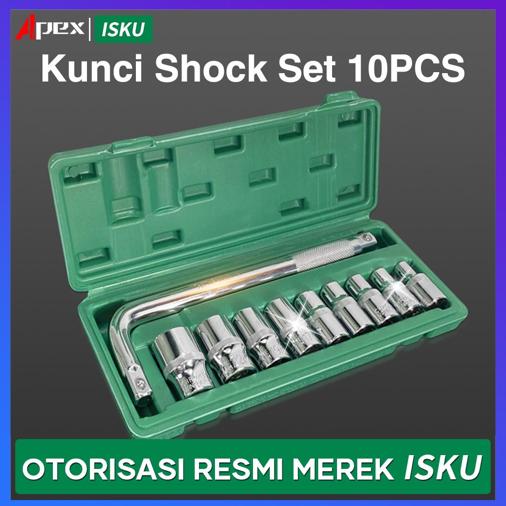 ISKU Kunci Shock Set 10 pcs 8-24mm/ Socket Kunci Set Motor/Socket Wrench Set Sok/mata sok 1/2 inch 6 pt gagang sock L/mata sok 8 10 12 13 14 17 19 22 24mm