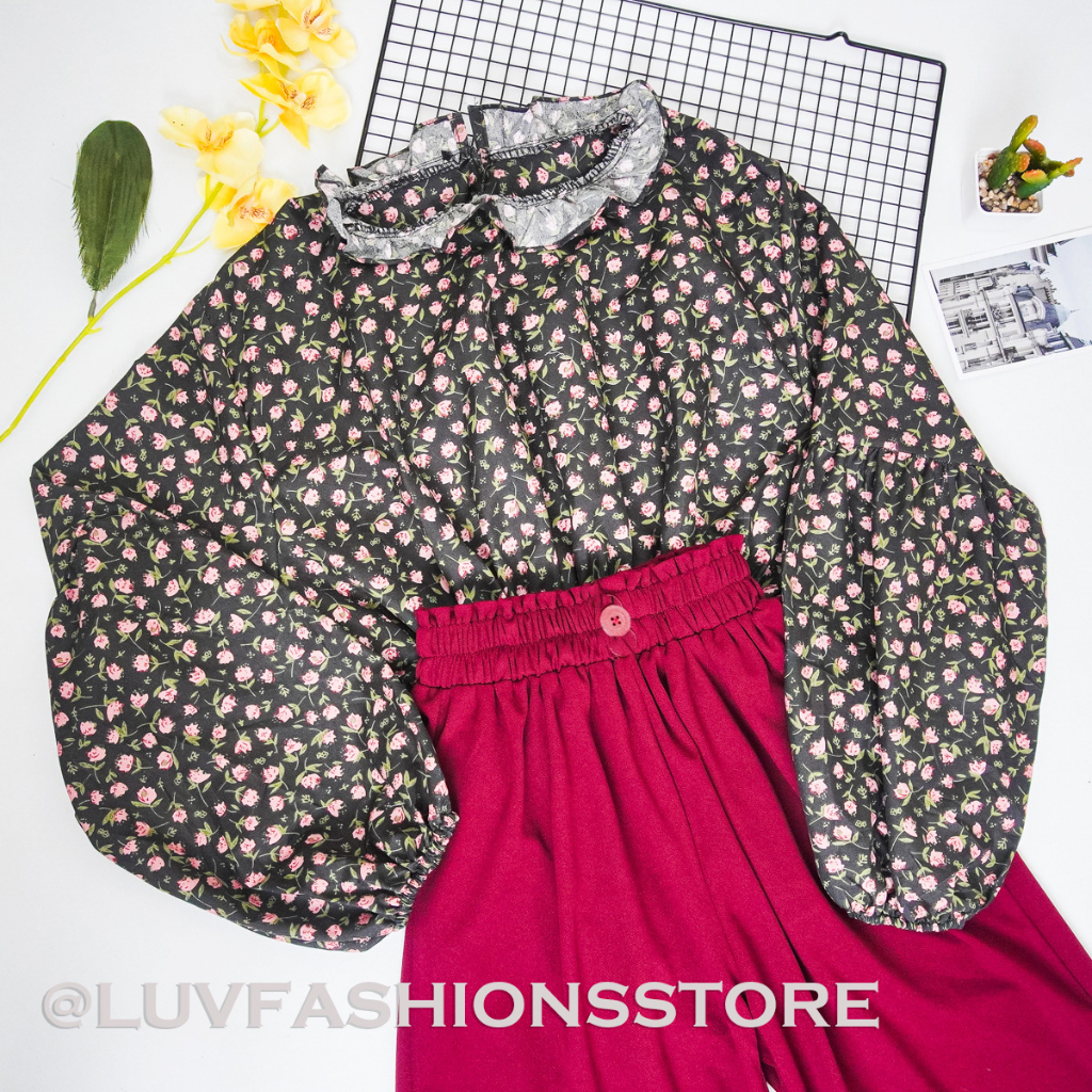 IL - SETELAN WANITA BLOUSE SANY MOTIF ROSE COMBI KULOT KANCING CREPE PREMIUM / ONE SET WANITA TERBARU MOTIF FLORAL