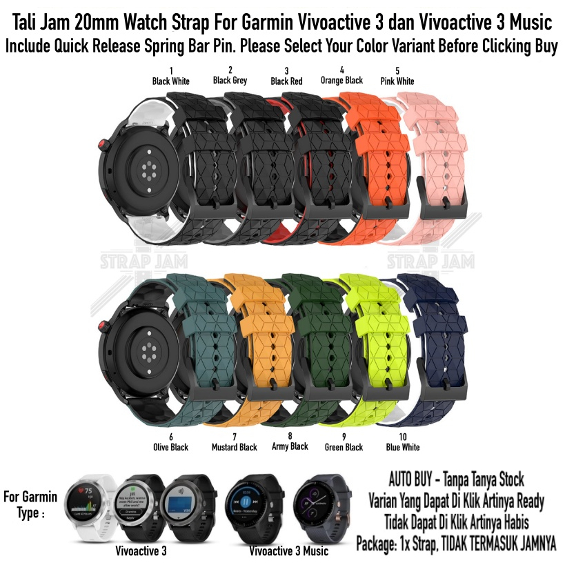 ZQT Strap 20mm Garmin Vivoactive 3 / Music - Tali Jam Silikon Rubber Quick Release