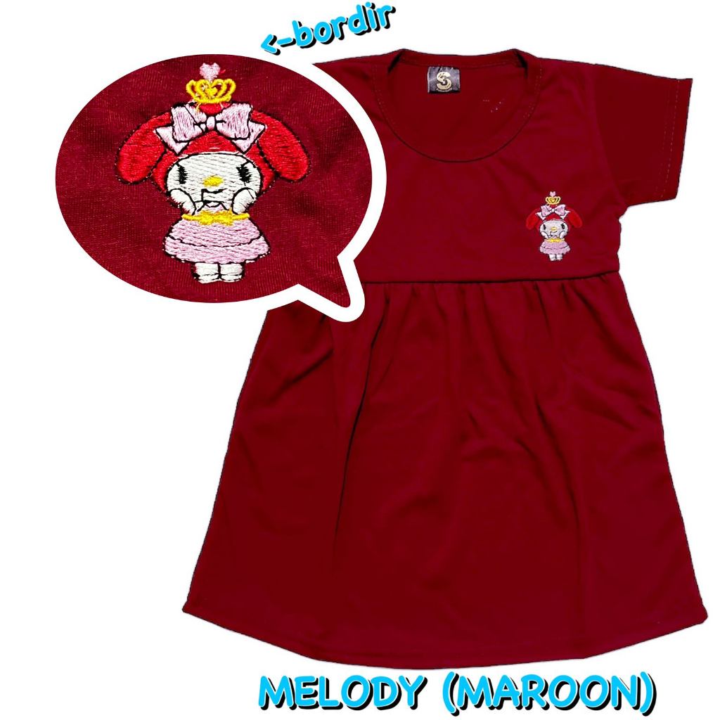 (1 KG MUAT 13 PCS) BAJU DRESS/DASTER ANAK KIDS PEREMPUAN/CEWEK BAHAN KAOS KATUN BORDIR MERAH MAROON MELODY/SANRIO