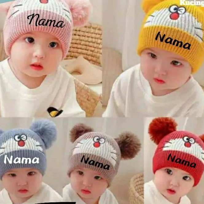 TOPI RAJUT POMPOM DORAEMON ANAK/TOPI KUPLUK WOOL RAJUT HANGAT BAYI GRATIS BORDIIR NAMA...