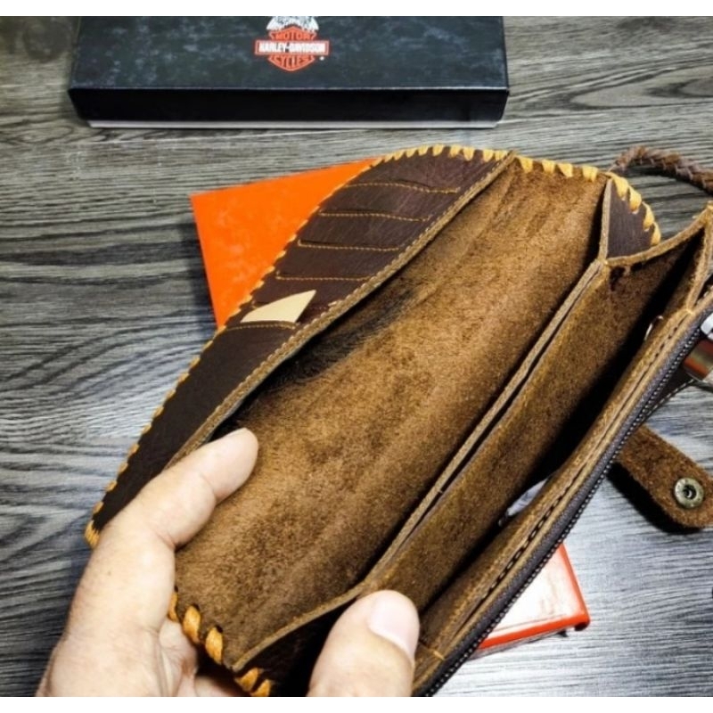 Dompet Panjang Kulit asli  Pria cowok Harley Davidson motor  bahan full kulit asli tanpa puring / pelapis