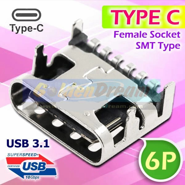 Soket USB Type C 6P Connector Konektor USB Female DIP4 Hd HP