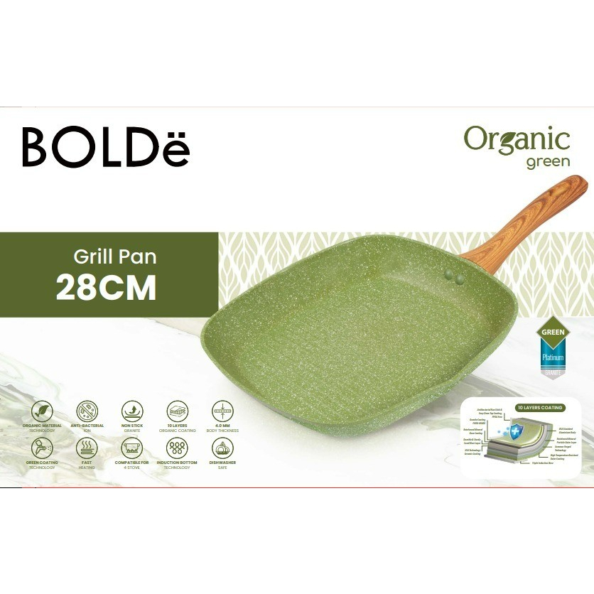 BOLDe Organic Green Grill Pan 28 cm (Teflon / Panci Panggang Anti Lengket)