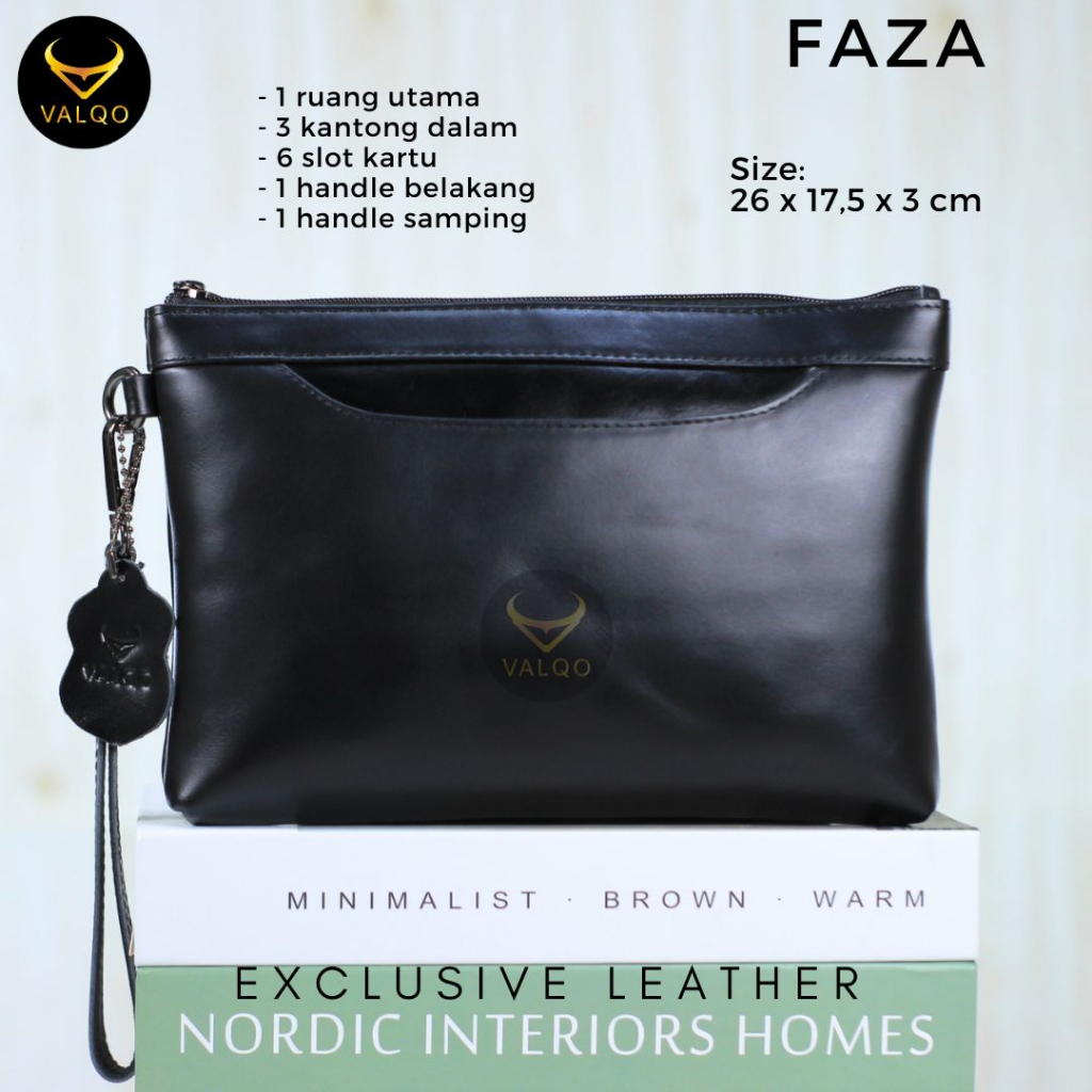 [VALQO] FAZA Clutch kulit Sapi Pouch Kulit Handbag Kulit Wanita Pria 6 Slot Kartu Tas Tangan Dompet Tangan