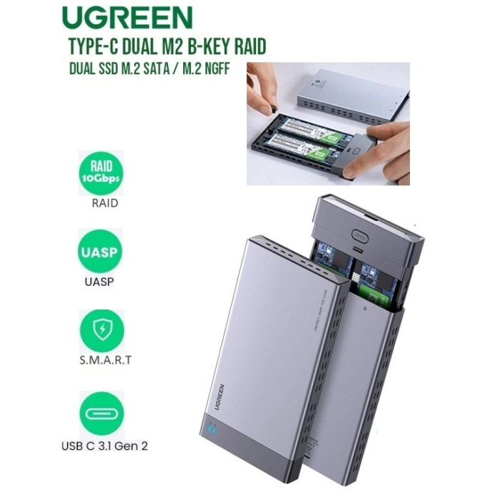 Ugreen Enclosure Casing SSD External Double M.2 Type-C Dual M2 B-Key RAID