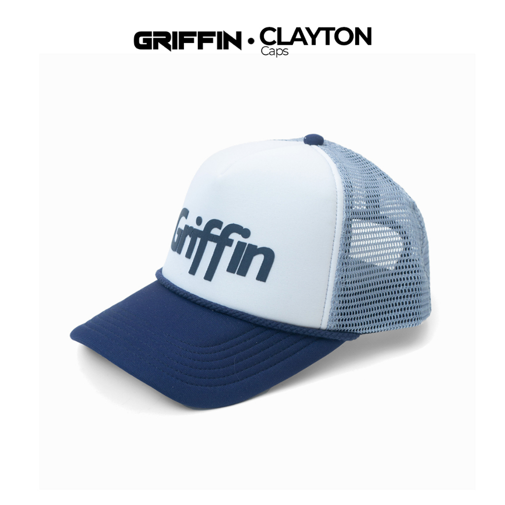 Topi Trucker Pria Wanita Unisex Putih Biru Keren Sablon Hi Density Timbul Clayton by Griffin