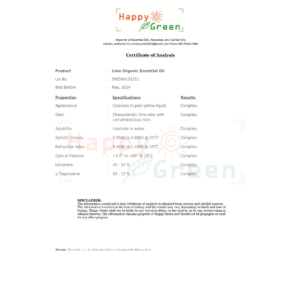 Happy Green ORGANIC Lime Essential Oil - Minyak  Atsiri Jeruk Nipis ORGANIK