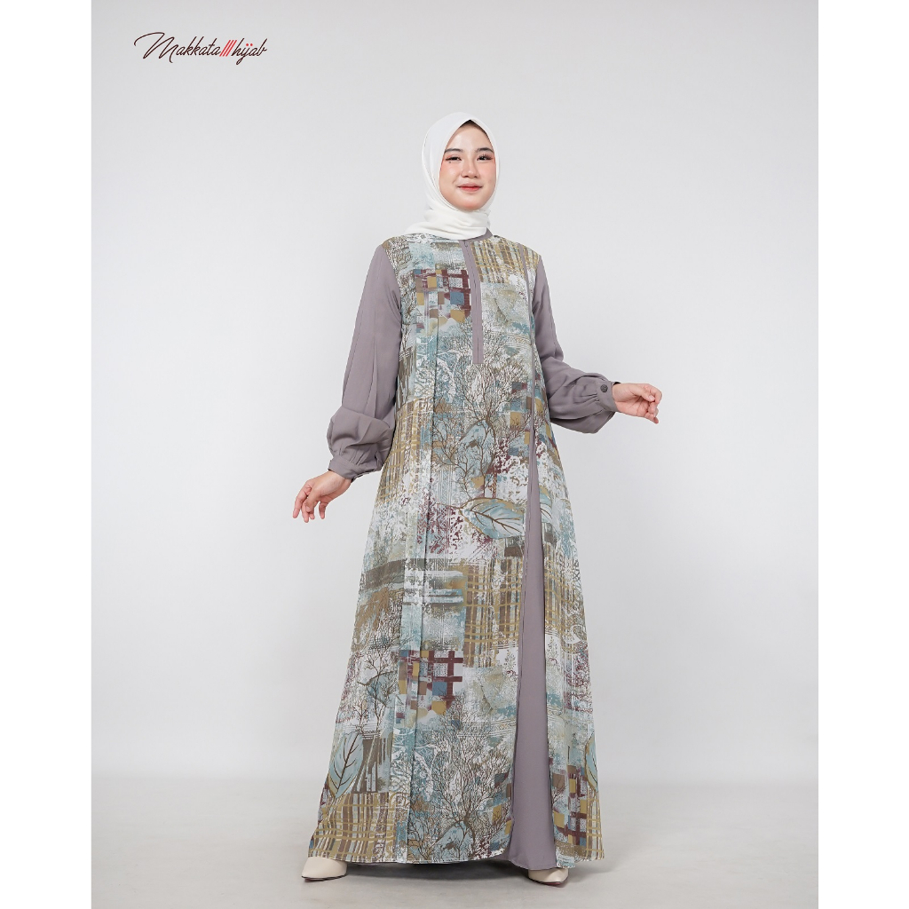 Aera Dress Dres Motif Akar Daun Kombinasi Babydoll Cantik Dewasa Muslim Wanita Dress Kekinian | Makk