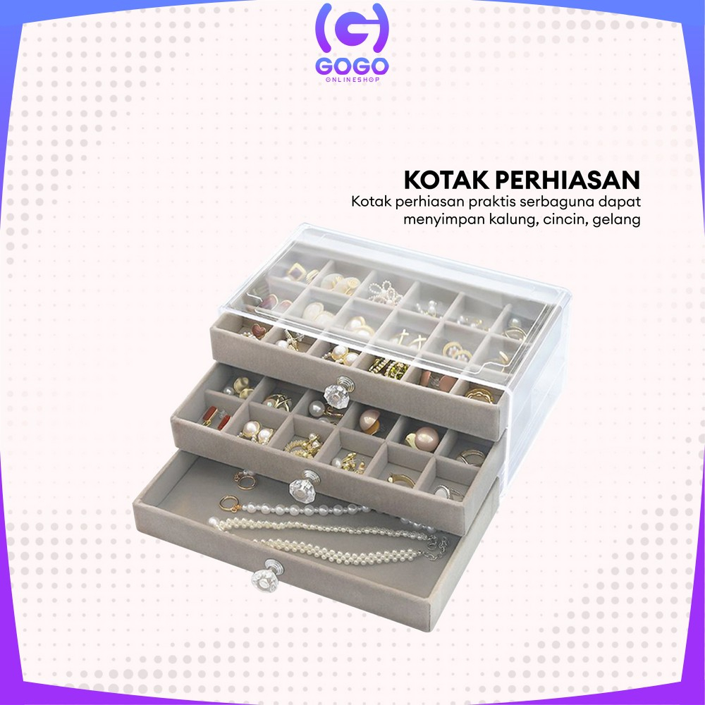 GOGO-K148 Kotak Perhiasan Wanita 3 Laci Jewelry Box dengan Sekat Serbaguna / Tempat Penyimpanan Cincin Kalung Anting Multifungsi / Rak Perhiasan 3 Tingkat Import