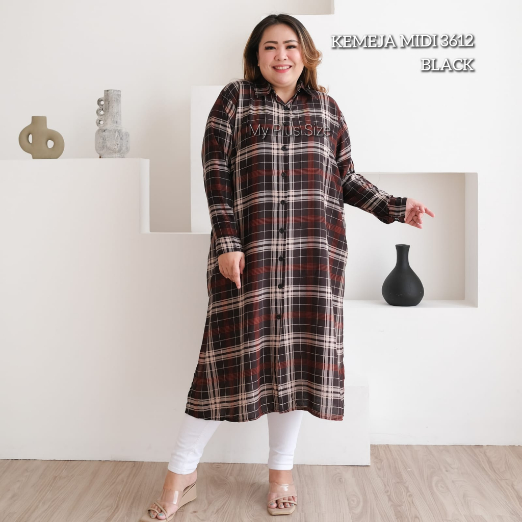 Kemeja Midi Long Tunik Kotak Jumbo 3612, Ld 135 &amp; 150 cm