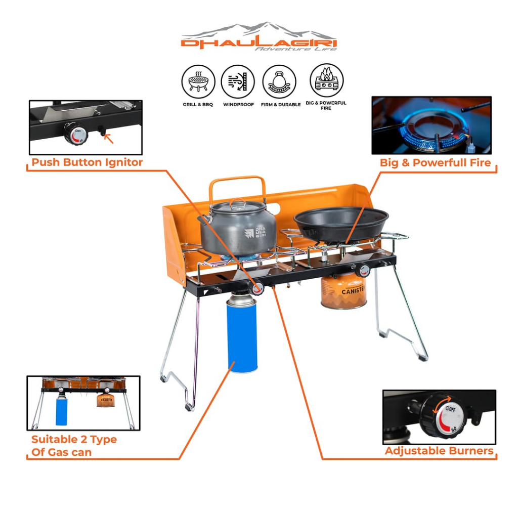 Kompor Camping Dhaulagiri Twin Burner With Grill Plate - Kompor Lipat Camping 2 Tungku / Double Burner