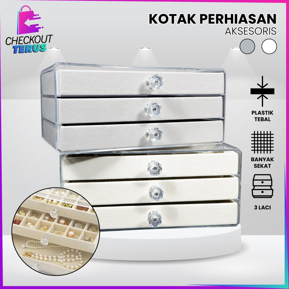 CT K148 Kotak Perhiasan Wanita 3 Laci Tempat Penyimpanan Cincin Kalung Anting Jewelry Box dengan Sekat Serbaguna Rak Perhiasan 3 Tingkat