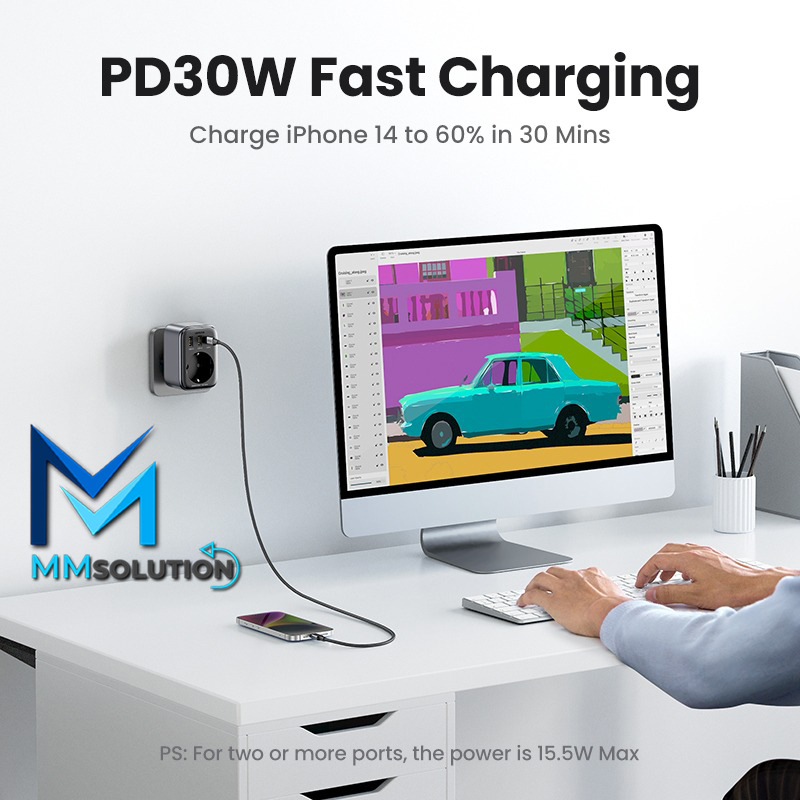UGREEN Outlet Adapter GaN 30W USB Type C PD Fast Charging+ Stop kontak