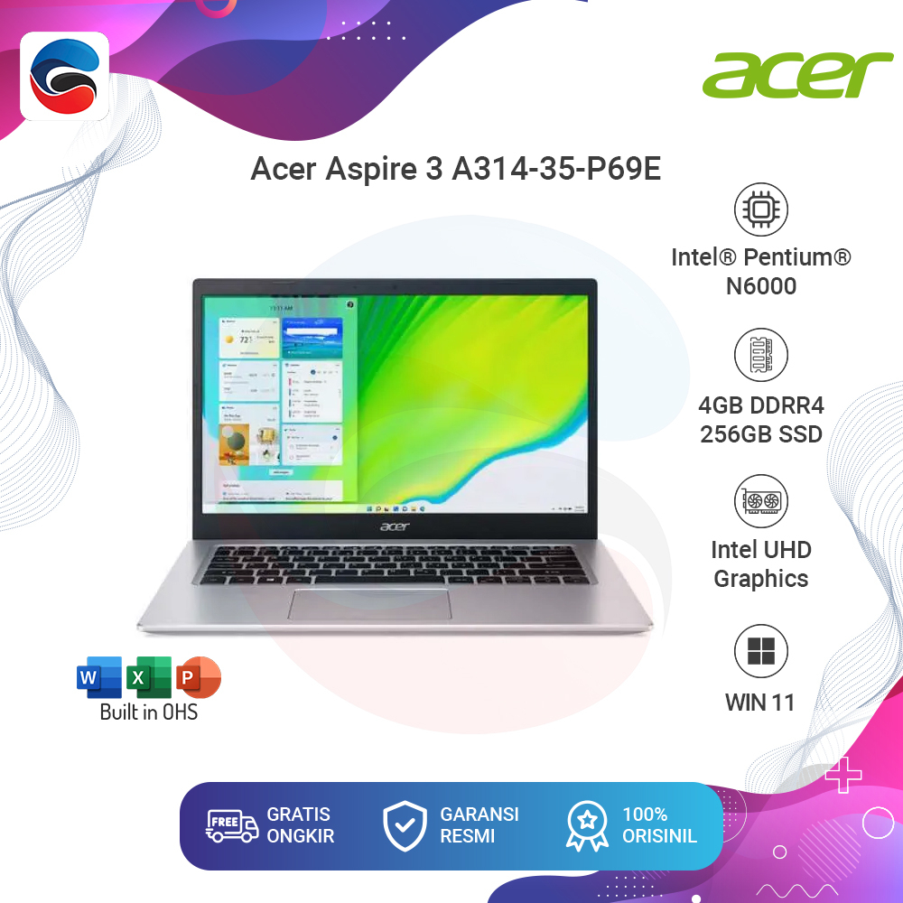ACER Laptop Aspire 3 Slim (A314-35) Intel Pentium N6000 4GB 256GB Win 10 Home Office Home & Student 