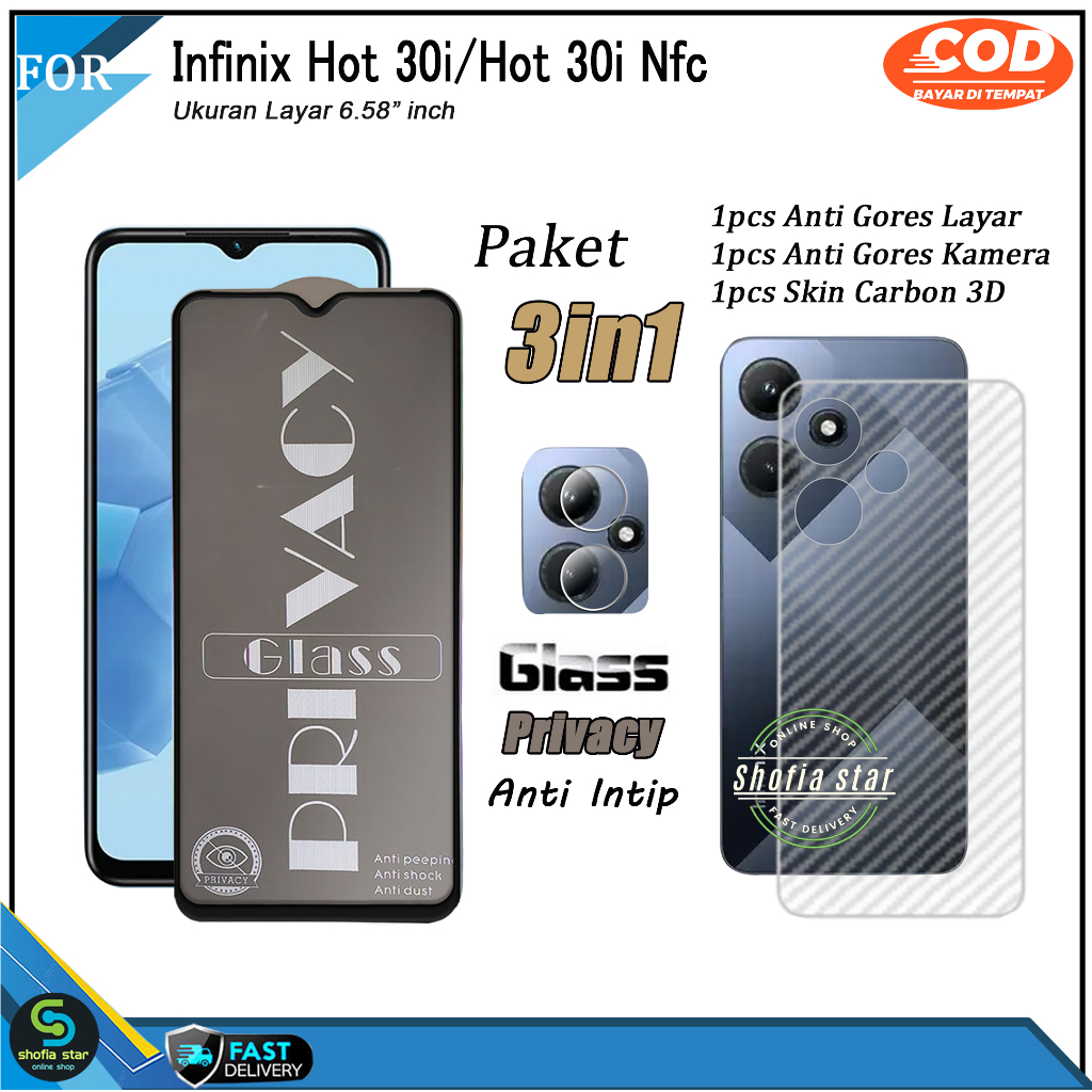 Paket 3in1 Tempered Glass Ceramic Infinix Hot 30i Hot 30i NFC Hot 30 Hot 30 Play Note 30 Note 30 Pro Anti Gores Privacy Matte Anti Spy Full Cover