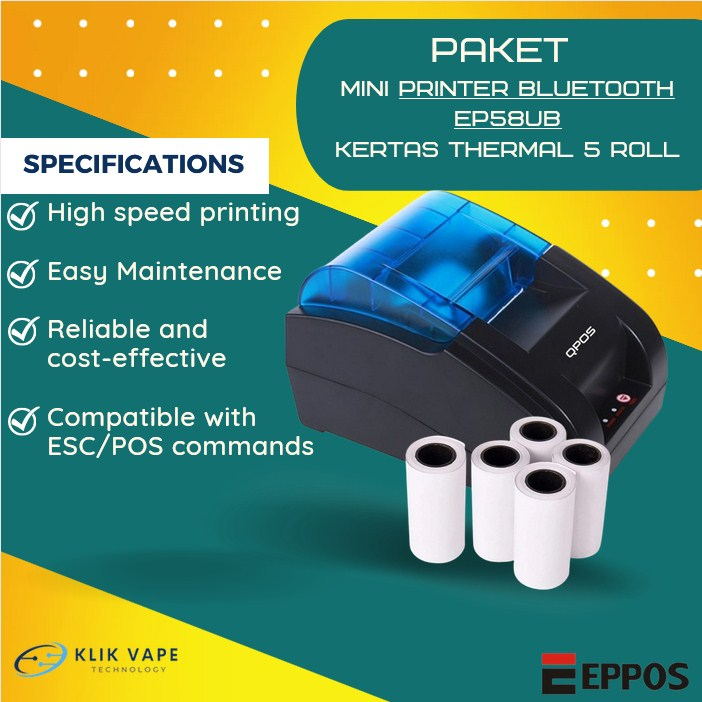 TERMURAH PAKET PRINTER BLUETOOTH EP58UB + KERTAS THERMAL 5PCS
