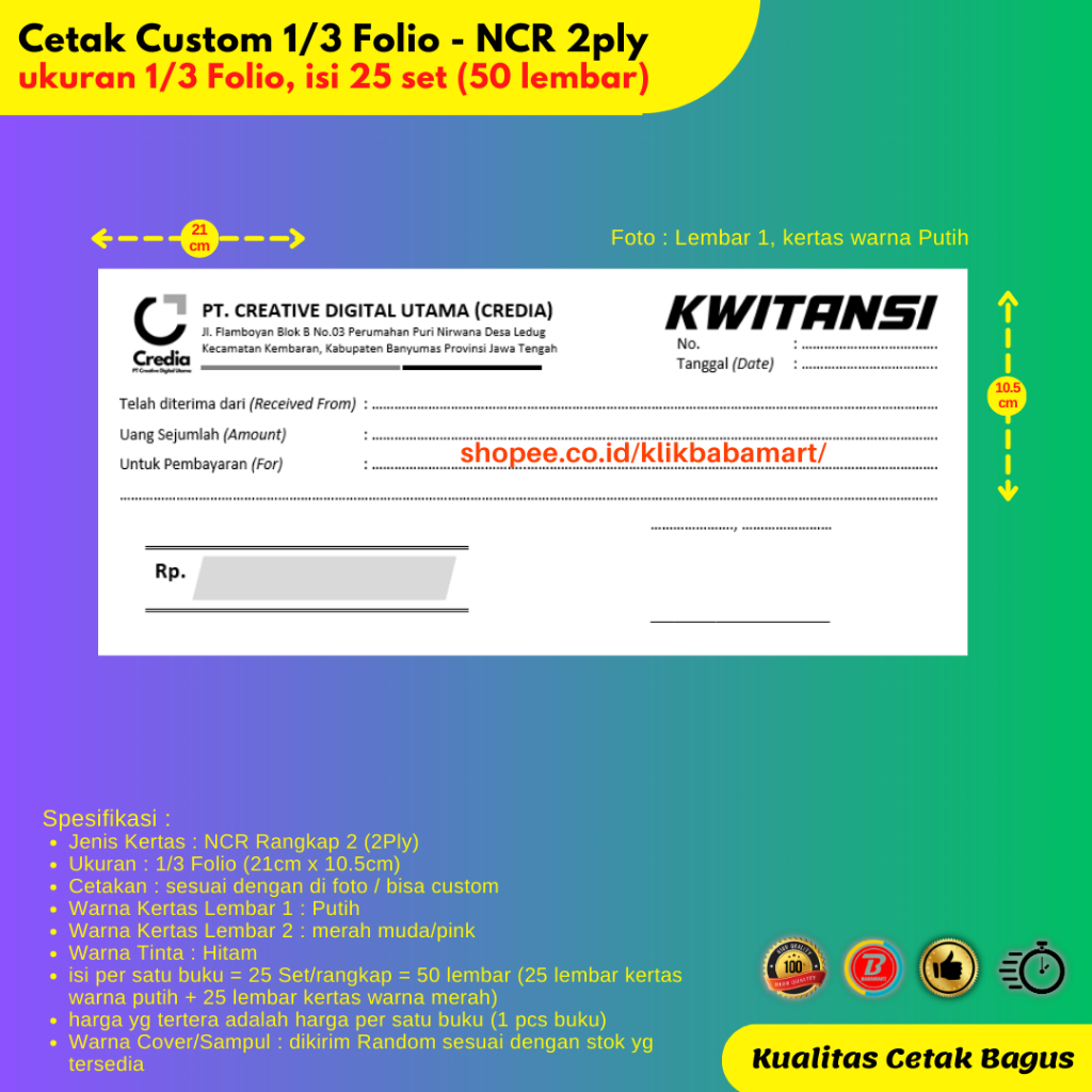 

CETAK CUSTOM KERTAS NCR 1/3 FOLIO RANGKAP 2 PLY