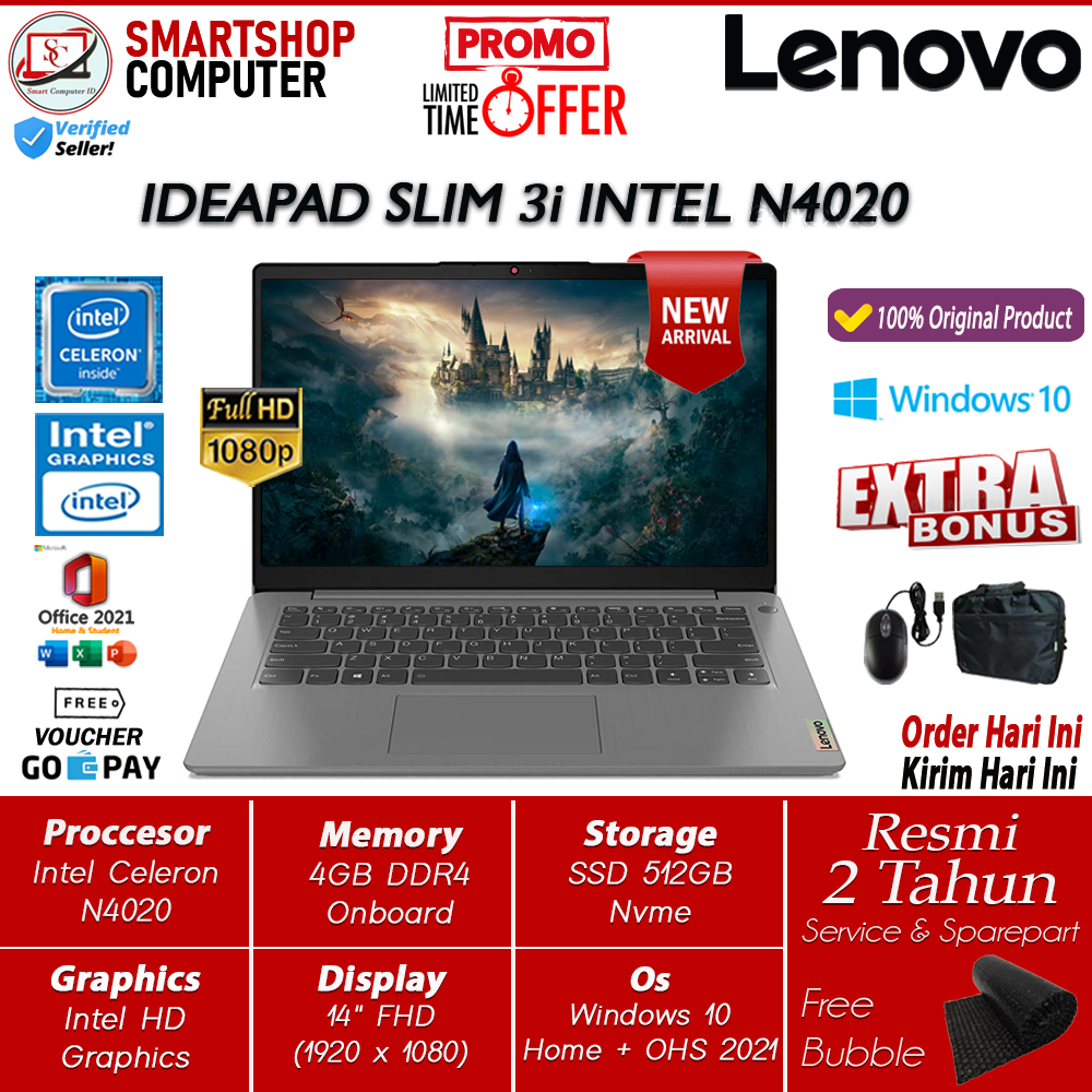 Lenovo Ideapad Slim 3i Intel N4020 4GB Ram 512GB SSD Windows 10 OHS 14 Inch HD Laptop