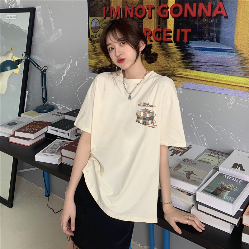 XiaoZhaiNv Kaos Atasan Oversize Wanita Colorful Magic Cube Pattern Lengan Pendek A0480