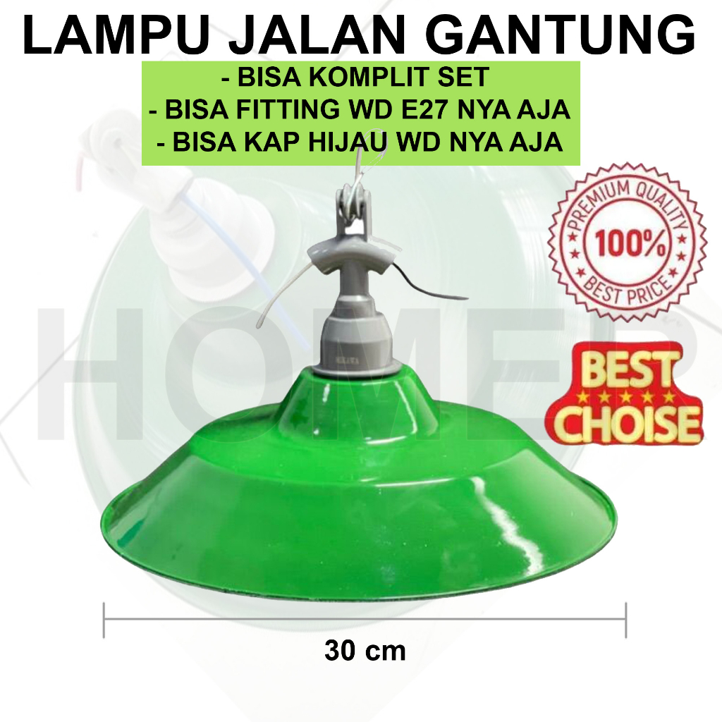 Lampu gantung lampu Jalan WD Hijau BESAR E27 komplit set fitting WD E27 fiting gantung besi aluminium plastik keramik rumah lampu kap Lampu WD hijau outdoor anti hujan anti air topi 30cm 30 cm