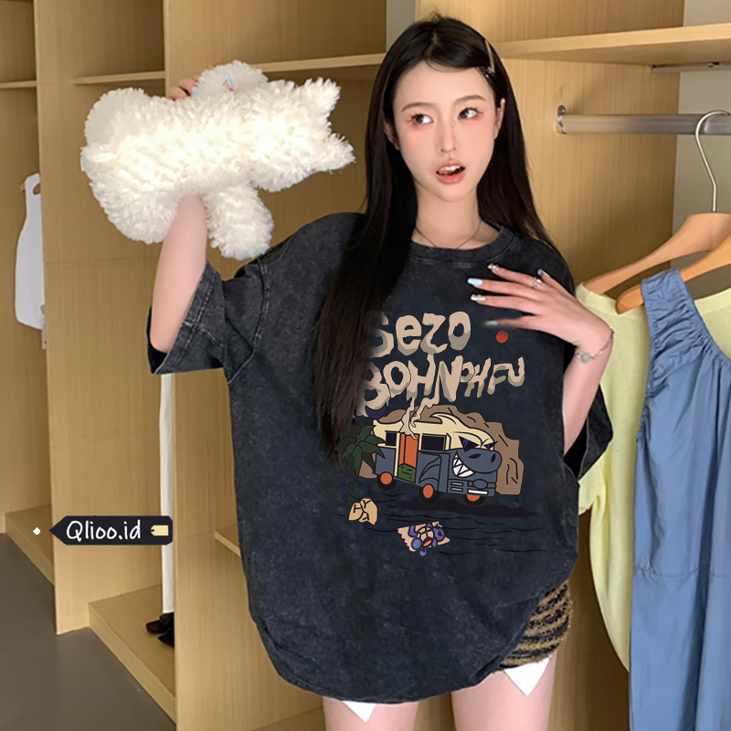 Print Washed T-shirt Kaos Lengan Pendek Oversize Cartoon Sezo Desert Bus Korean Style Atasan Wanita