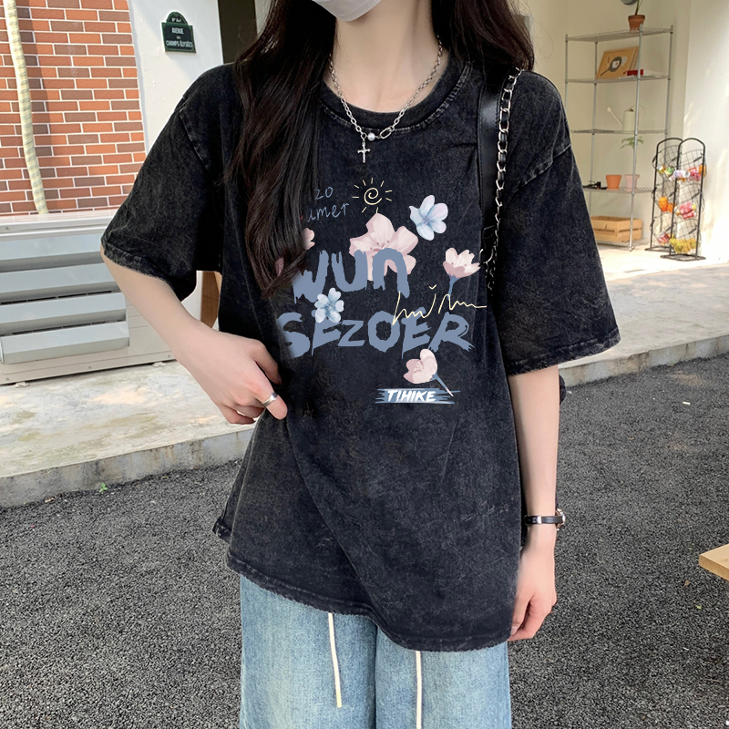 Print Washed T-shirt Kaos Lengan Pendek Oversize Cartoon Cherry Blossoms Korean Style Atasan Wanita