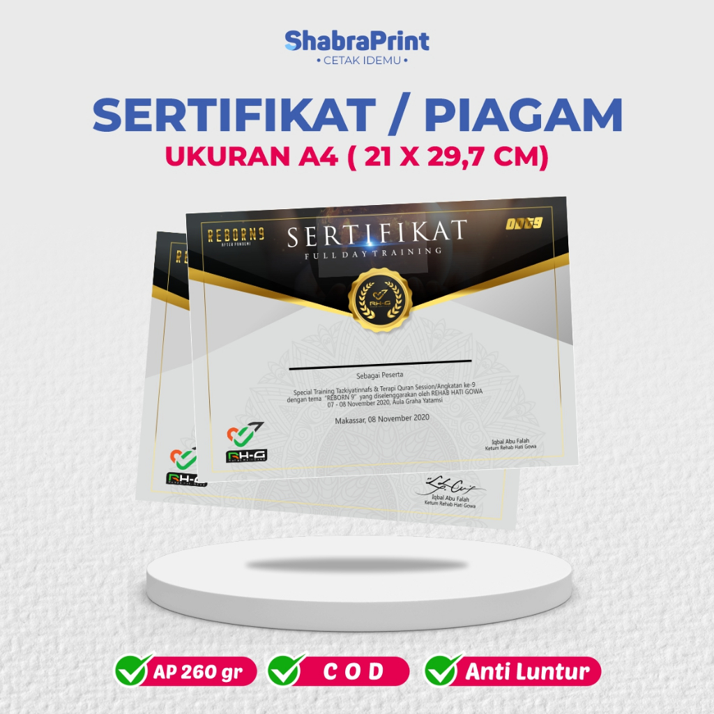 

Sertifikat Custom / Piagam Penghargaan Bahan Art Paper 260gsm