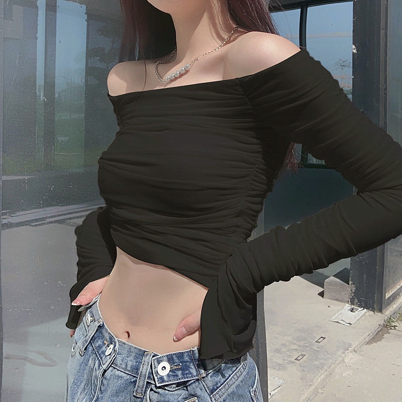 【Premium】Korean Off Shoulder Mesh Luxury Shirt For Long Sleeve Top Slim Blouse (S/M/L) 7357