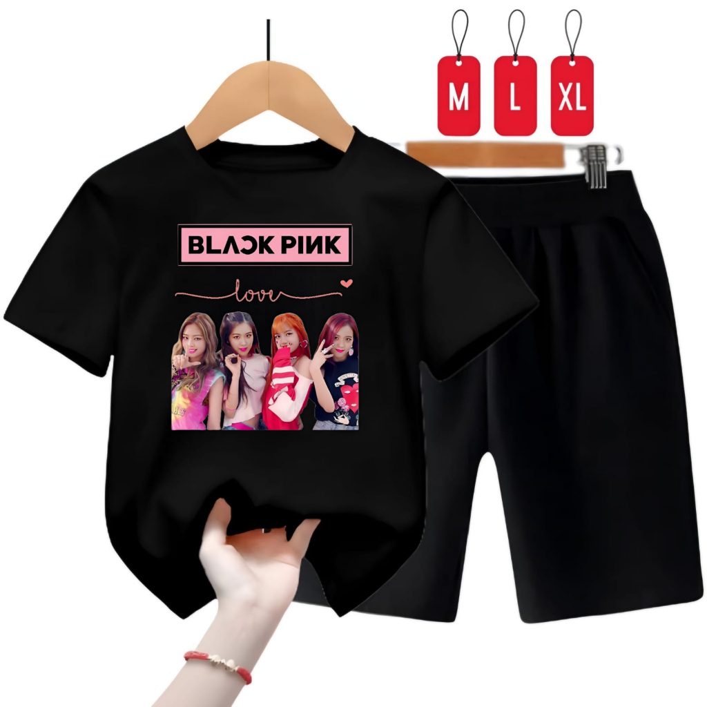 Hzl_outfit Setelan Kaos Celana Anak BLK pink Love M.L.XL