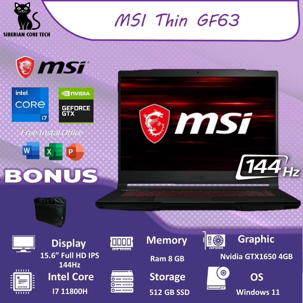 MSI THIN GF63 RTX3050 4GB/ I7 11800H 8GB 512SSD W11 15.6FHD IPS 144HZ BLIT 2YR BLK -11UC.1200