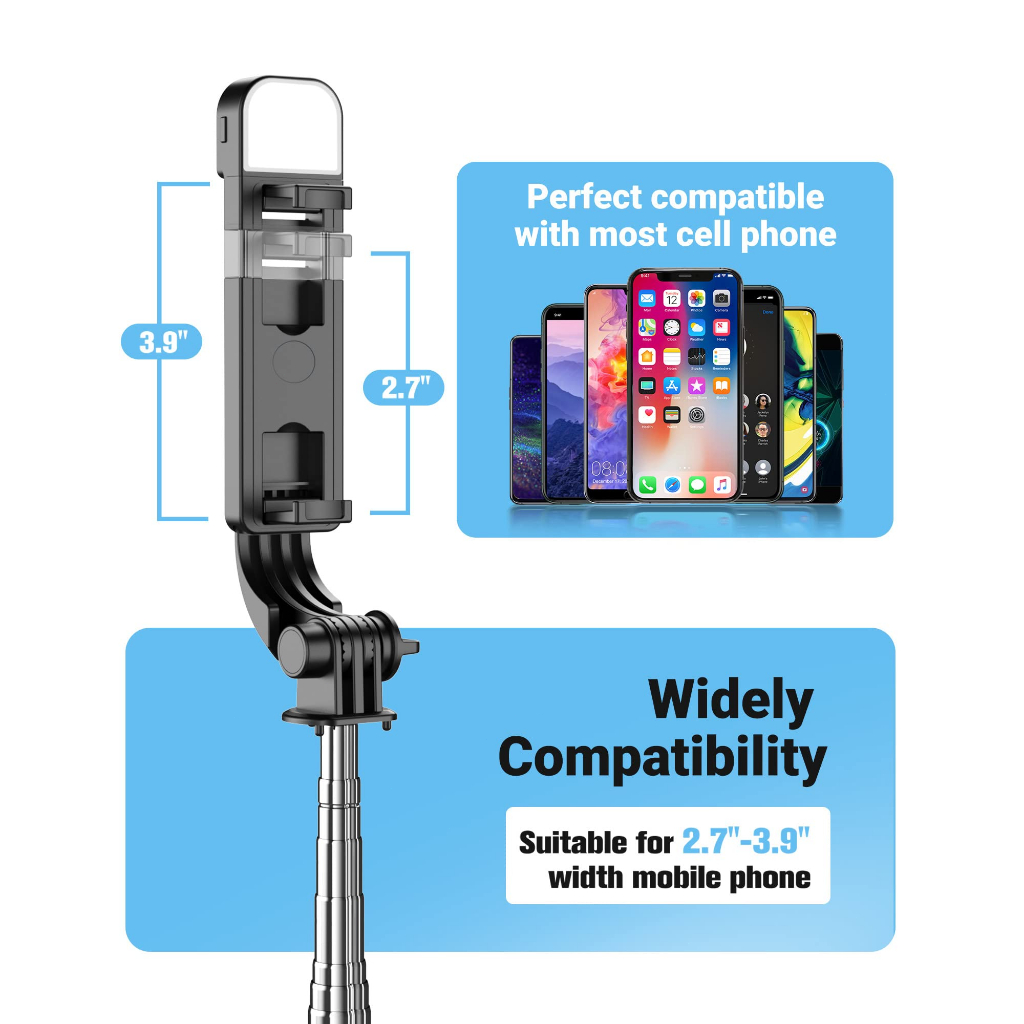 1M Tongsis Tripod Selfie Stick Bluetooth with Fill Light 360° Rotasi Gimbal HP Aluminum Alloy Tripod Detachable Handphone Clip With Remote Control-5