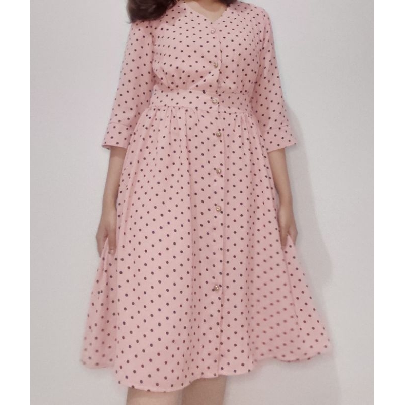 [PRELOVED] A-Line V Neck Polkadot Pink Vintage Dress Retro Dress Casual Tea Party 1940s 1950s