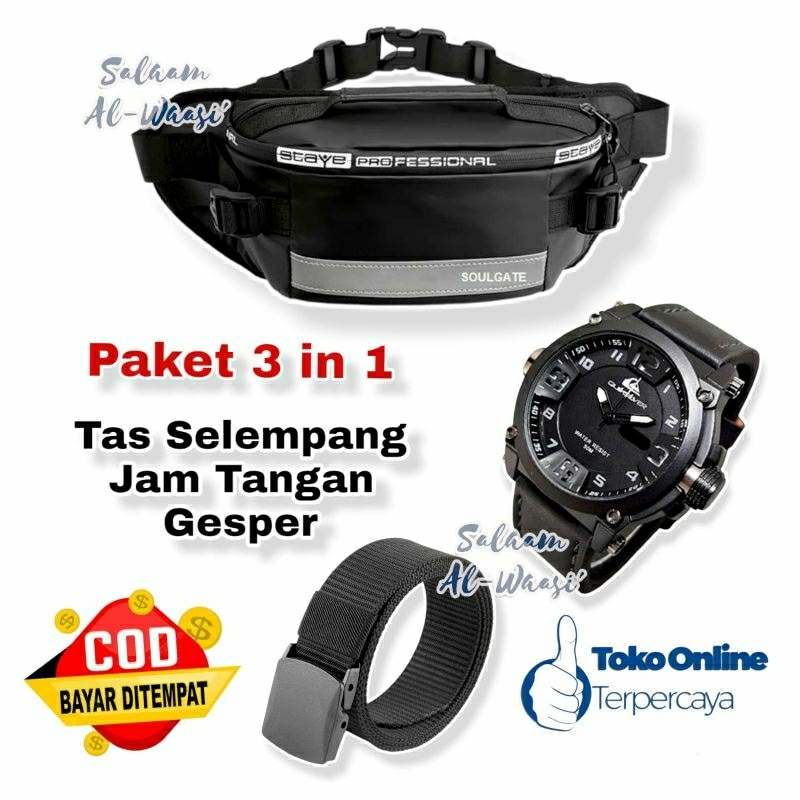 Tas Selempang Pria Gratis Jam Tangan Tali Semi Kulit + Gesper Nilon dan Dompet Pendek Lipat Dua Fashion Pria Waistbag Viral Kado Cowok Termurah Paket Hampers Buat Cowok Jam Tangan Kasual Laki-laki Dompet Kulit