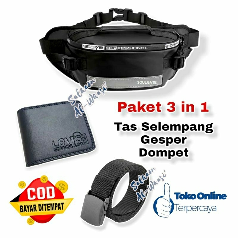 Tas Selempang Pria Gratis Jam Tangan Tali Semi Kulit + Gesper Nilon dan Dompet Pendek Lipat Dua Fashion Pria Waistbag Viral Kado Cowok Termurah Paket Hampers Buat Cowok Jam Tangan Kasual Laki-laki Dompet Kulit