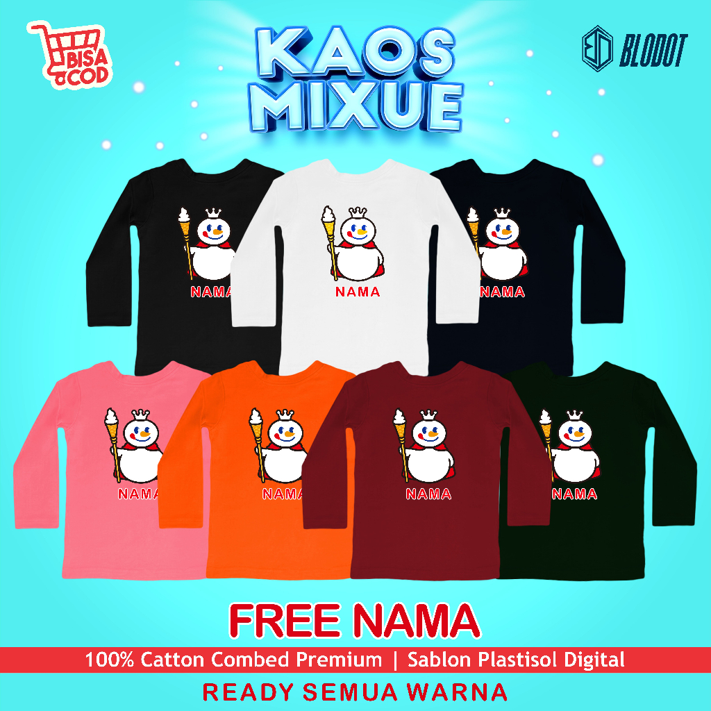 Kaos Anak Mixue Es Krim 1-15 Thn Lengan Panjang / Kaos Anak Mixue Viral / Kaos Anak Mixue Custom Nama