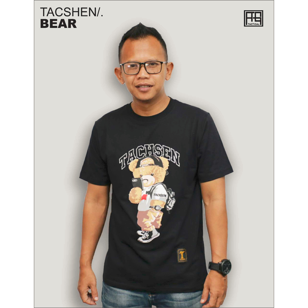 Kaos Pria Distro Lengan Pendek Tacshen Motif Bear Bahan Catton Combad 30s Sablon Plastisol