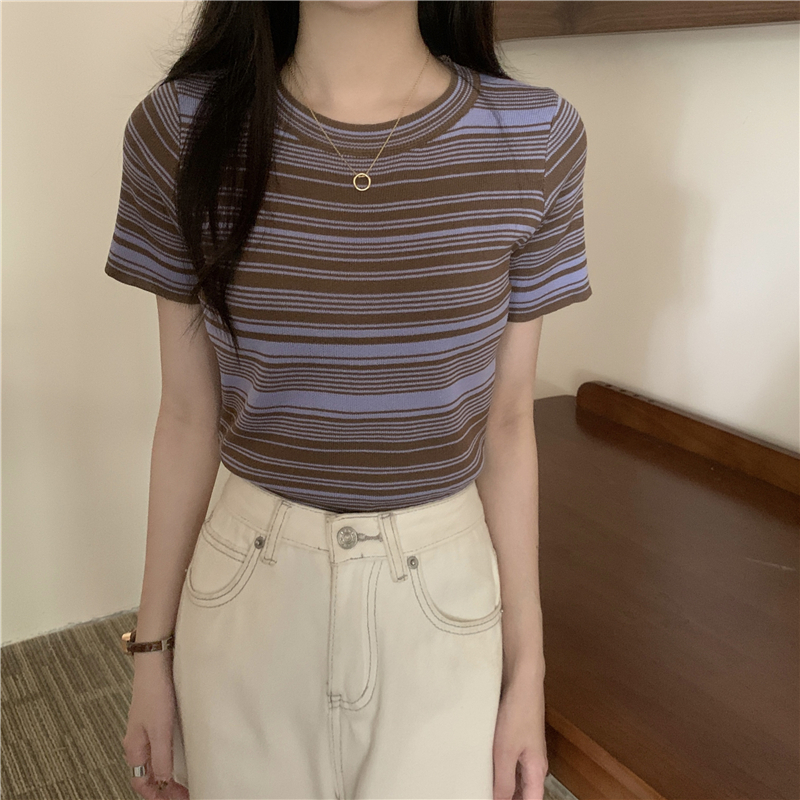 Atasan Wanita Kekinian/Korean style Lengan Pendek Rajut Kaos Bergaris Import Premium Crop Top T-Shirt