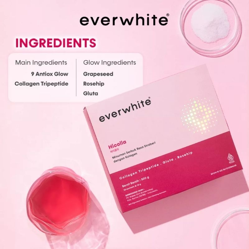 [105gr | 300gr] Everwhite Hicolla Strawberry | Hi - Collagen Drink | Minuman Serbuk Rasa Stroberi Dengan Kolagen | Hicoll