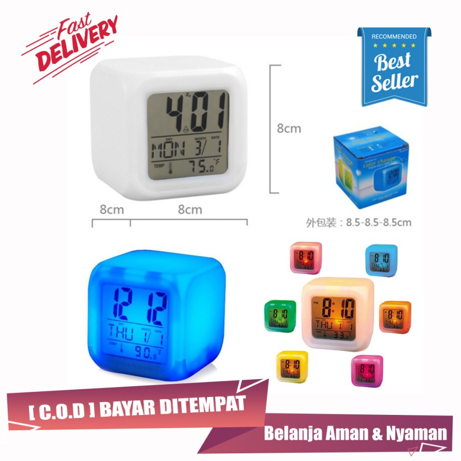 Jam weker alarm Moody Clock Kubus Berubah 7 Warna Pengukur Suhu