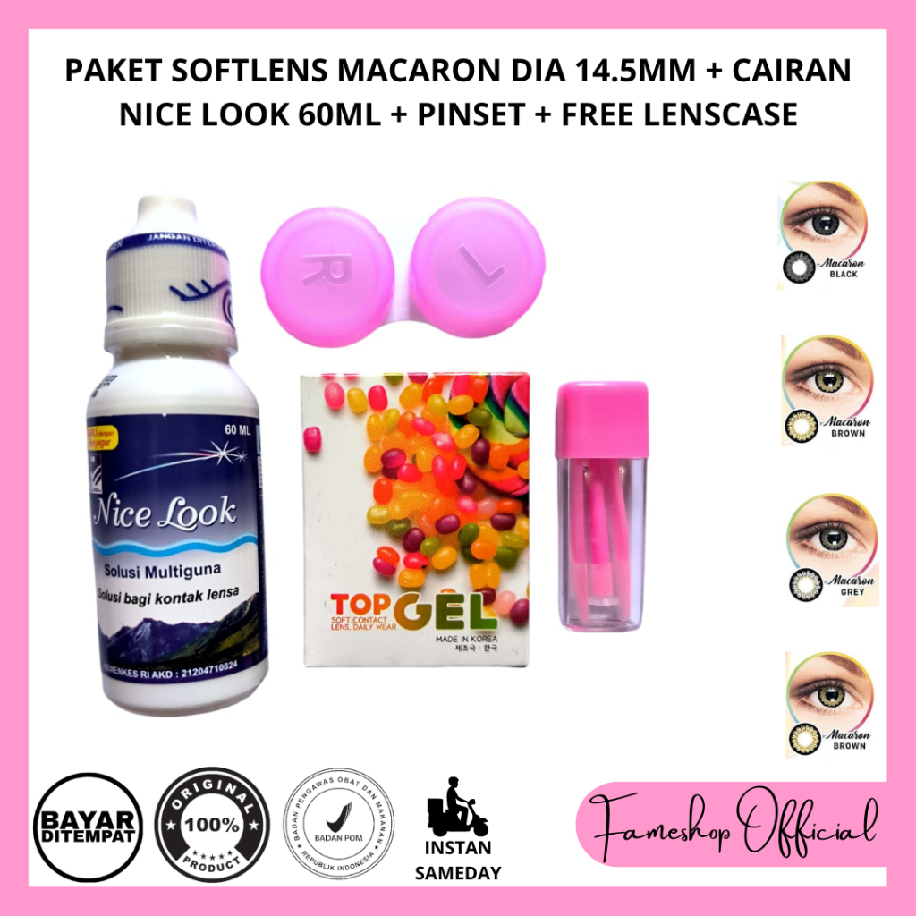 PAKET SOFTLENS TOP GEL MACARON 14.5MM + CAIRAN NICELOOK 60ML + PINSET + FREE LENCASE